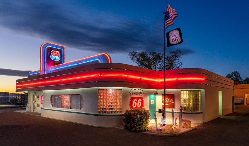 Route 66 old time diner at sunset